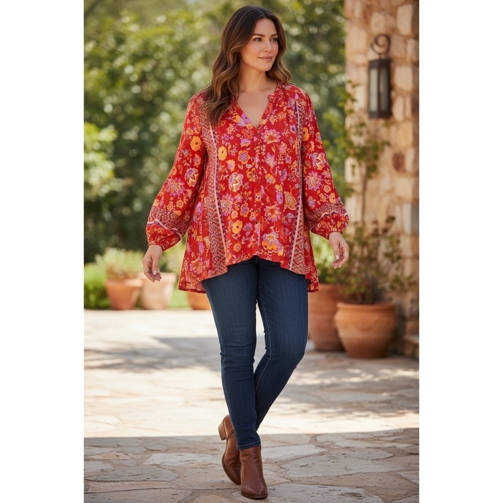 Liverpool Womens 3X Blouse Orange Red Floral Blouson Sleeve Button Front NWT $98